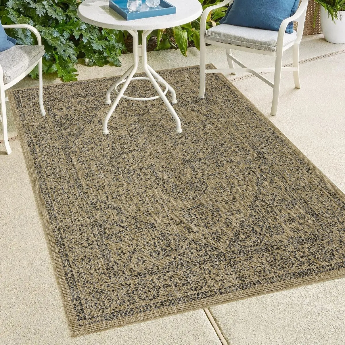 Indoor/Outdoor Area Rug/ Runner/ Doormat- Blue & Natural & Red & Taupe Color -Machine Washable. Weather and UV Resistant-Zaria