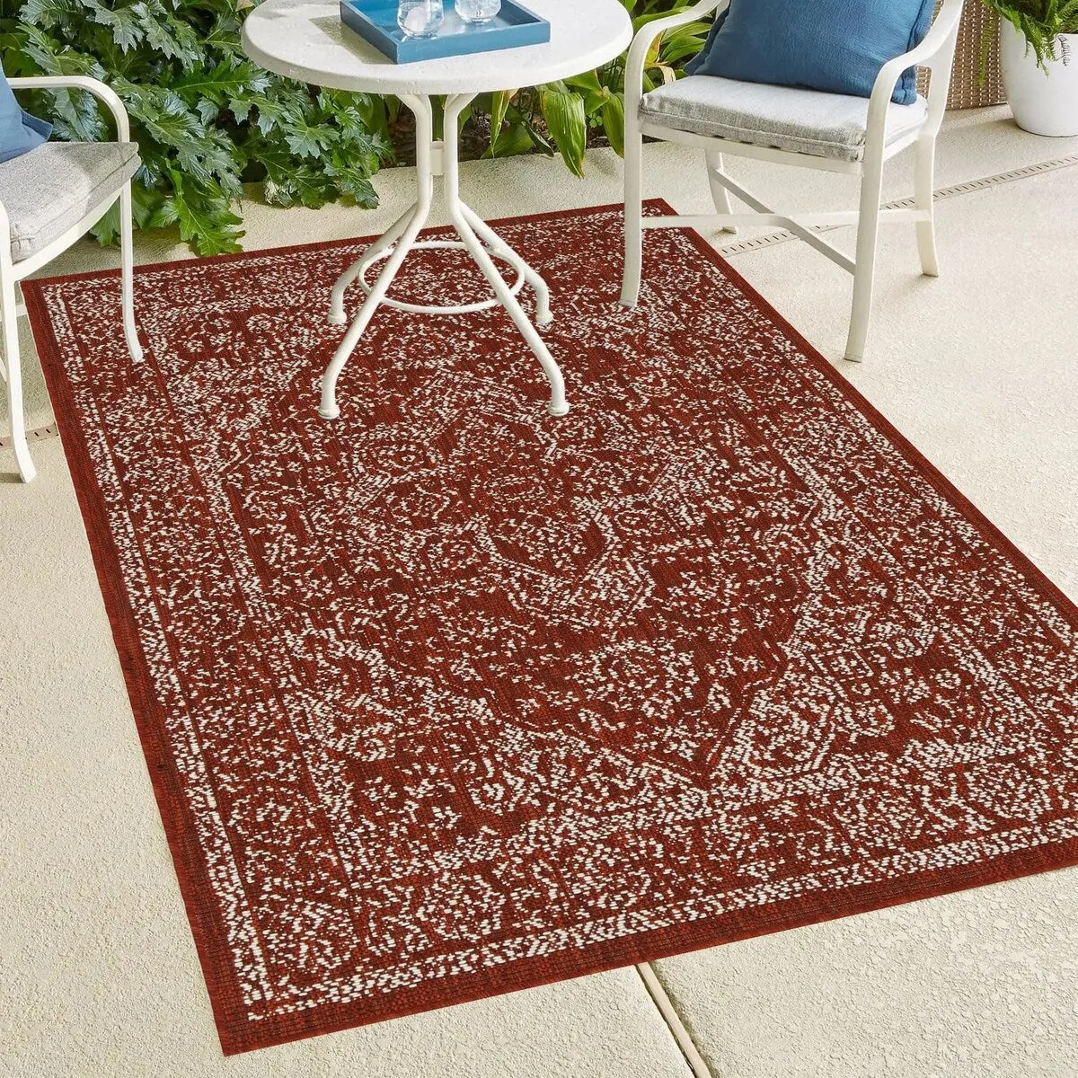 Indoor/Outdoor Area Rug/ Runner/ Doormat- Blue & Natural & Red & Taupe Color -Machine Washable. Weather and UV Resistant-Zaria