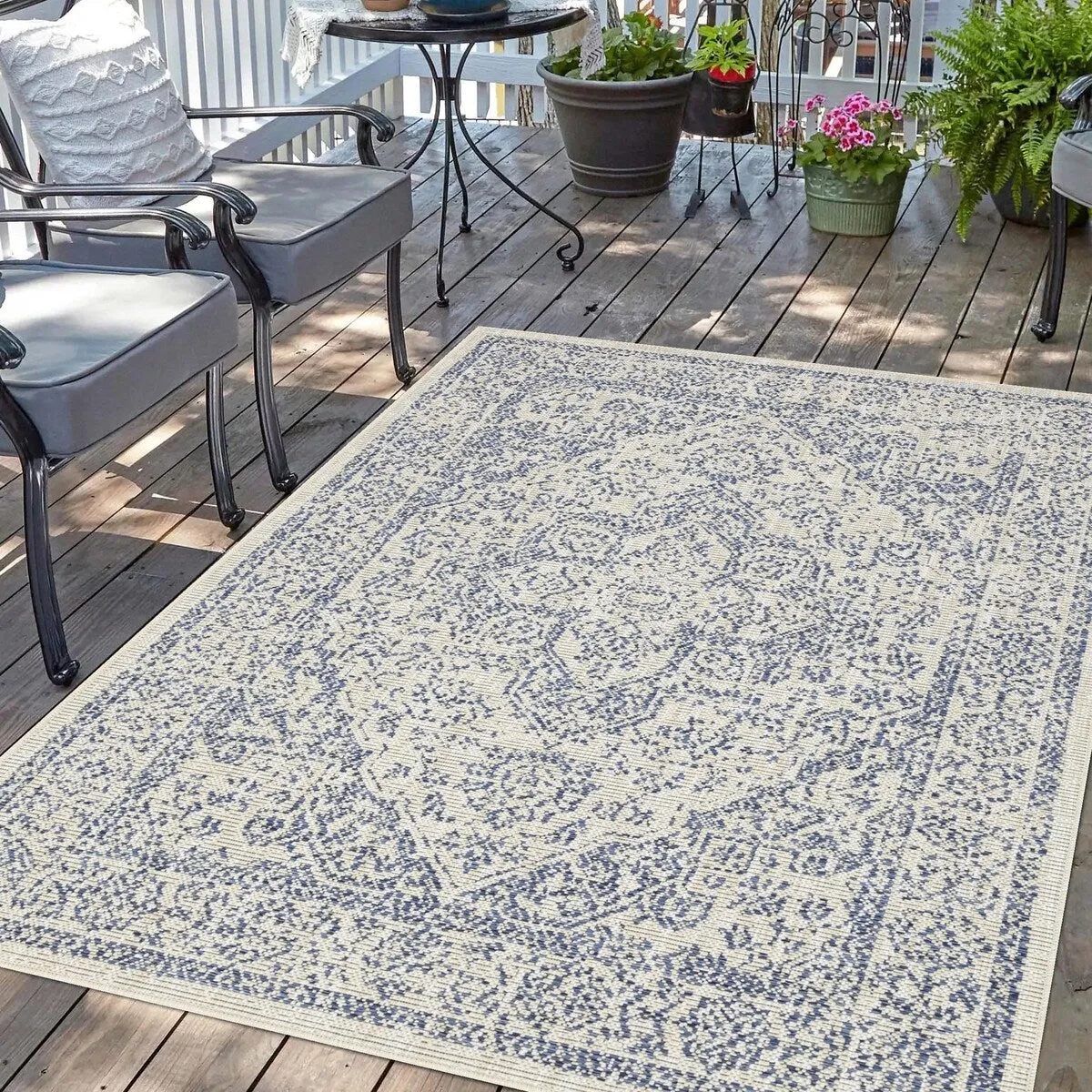 Indoor/Outdoor Area Rug/ Runner/ Doormat- Blue & Natural & Red & Taupe Color -Machine Washable. Weather and UV Resistant-Zaria