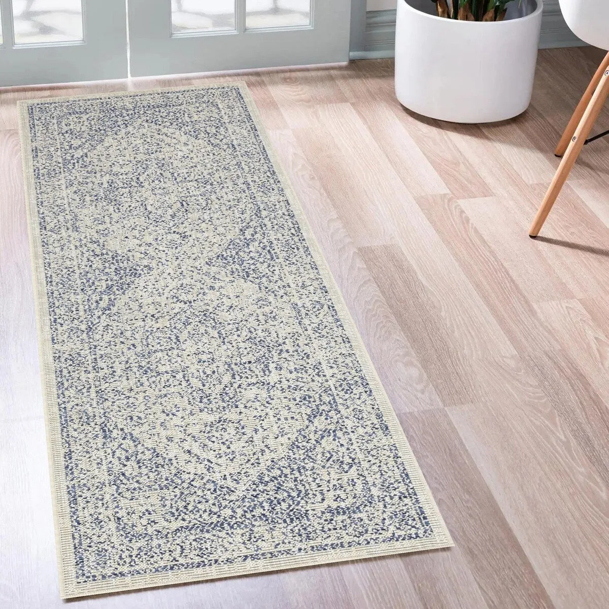 Indoor/Outdoor Area Rug/ Runner/ Doormat- Blue & Natural & Red & Taupe Color -Machine Washable. Weather and UV Resistant-Zaria