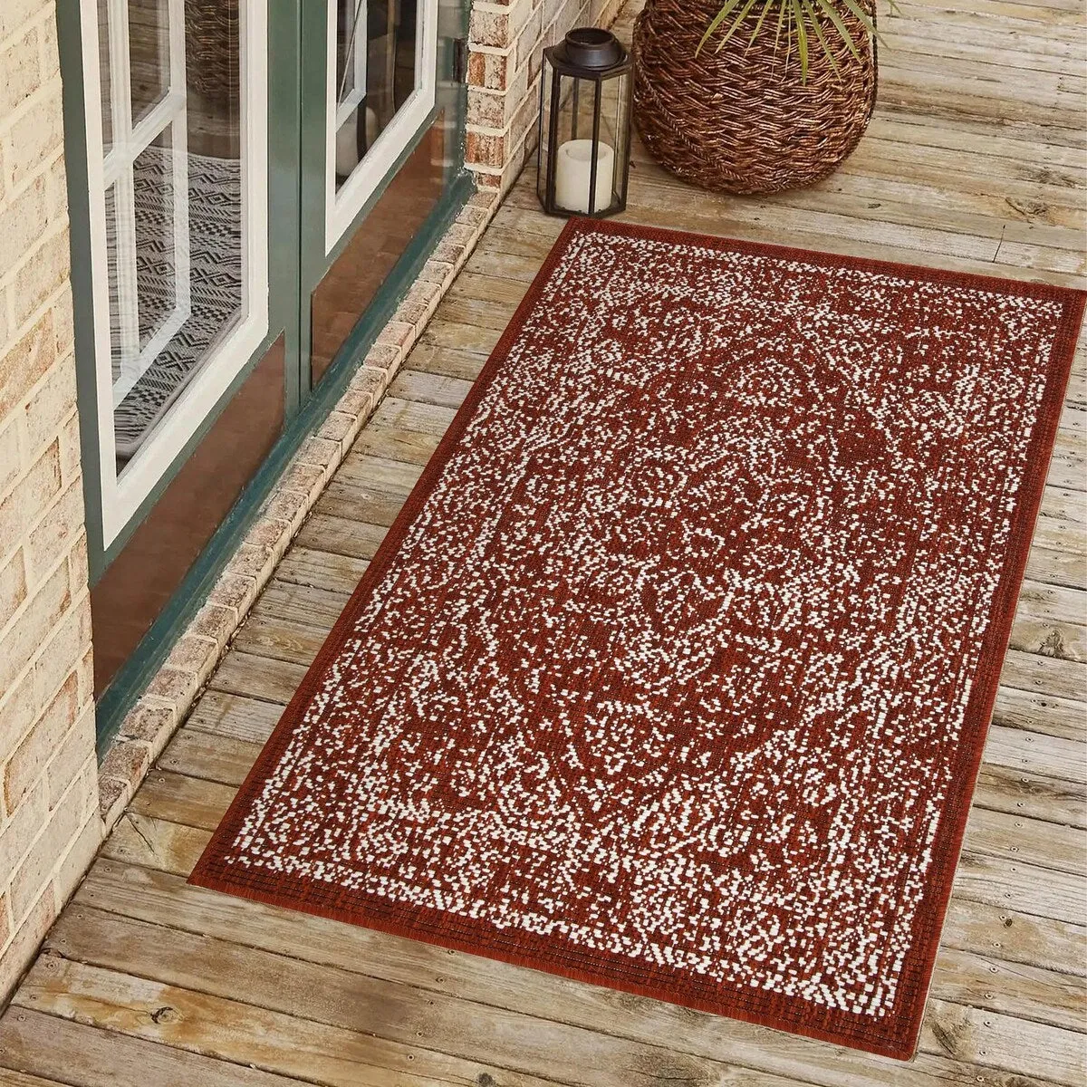 Indoor/Outdoor Area Rug/ Runner/ Doormat- Blue & Natural & Red & Taupe Color -Machine Washable. Weather and UV Resistant-Zaria
