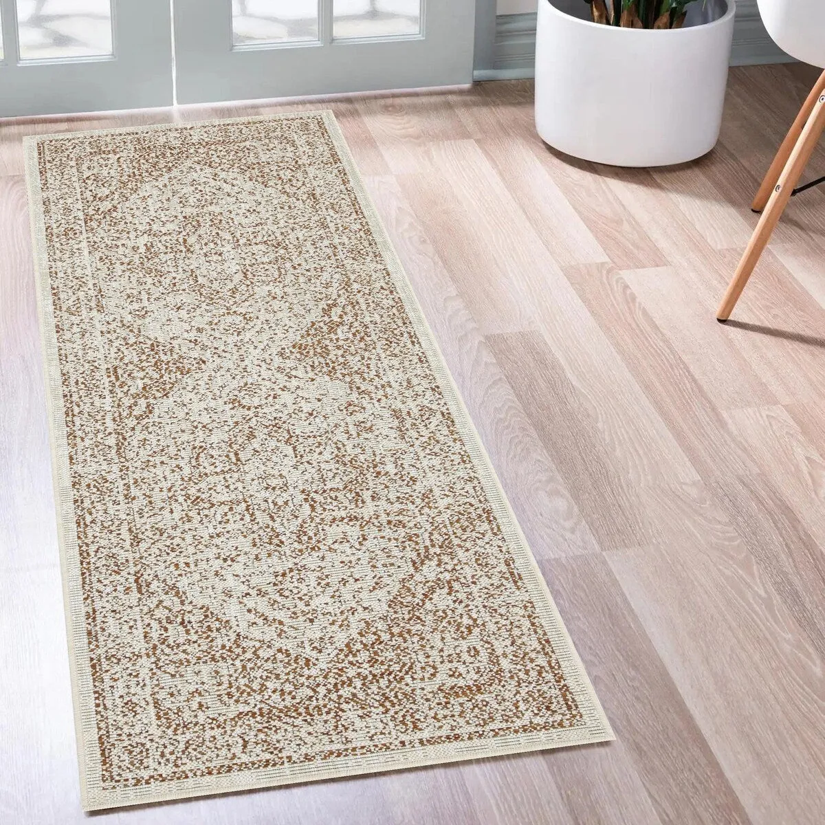 Indoor/Outdoor Area Rug/ Runner/ Doormat- Blue & Natural & Red & Taupe Color -Machine Washable. Weather and UV Resistant-Zaria