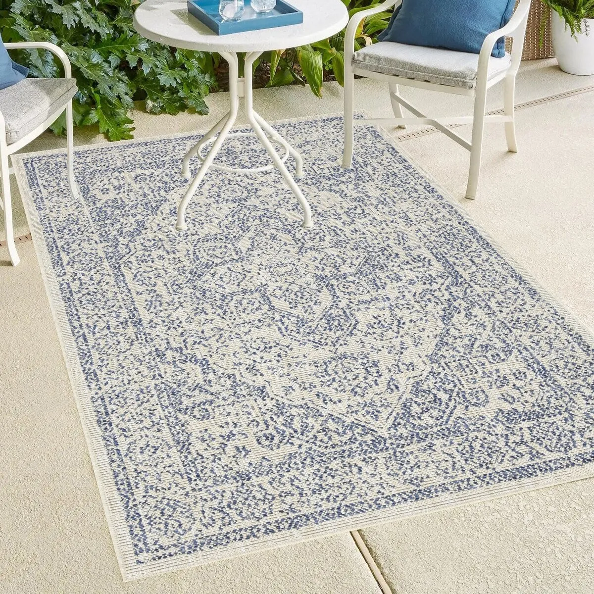 Indoor/Outdoor Area Rug/ Runner/ Doormat- Blue & Natural & Red & Taupe Color -Machine Washable. Weather and UV Resistant-Zaria