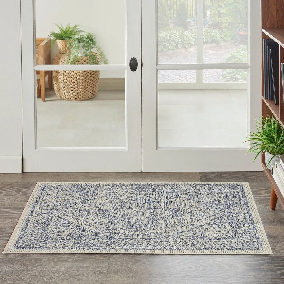 Indoor/Outdoor Area Rug/ Runner/ Doormat- Blue & Natural & Red & Taupe Color -Machine Washable. Weather and UV Resistant-Zaria