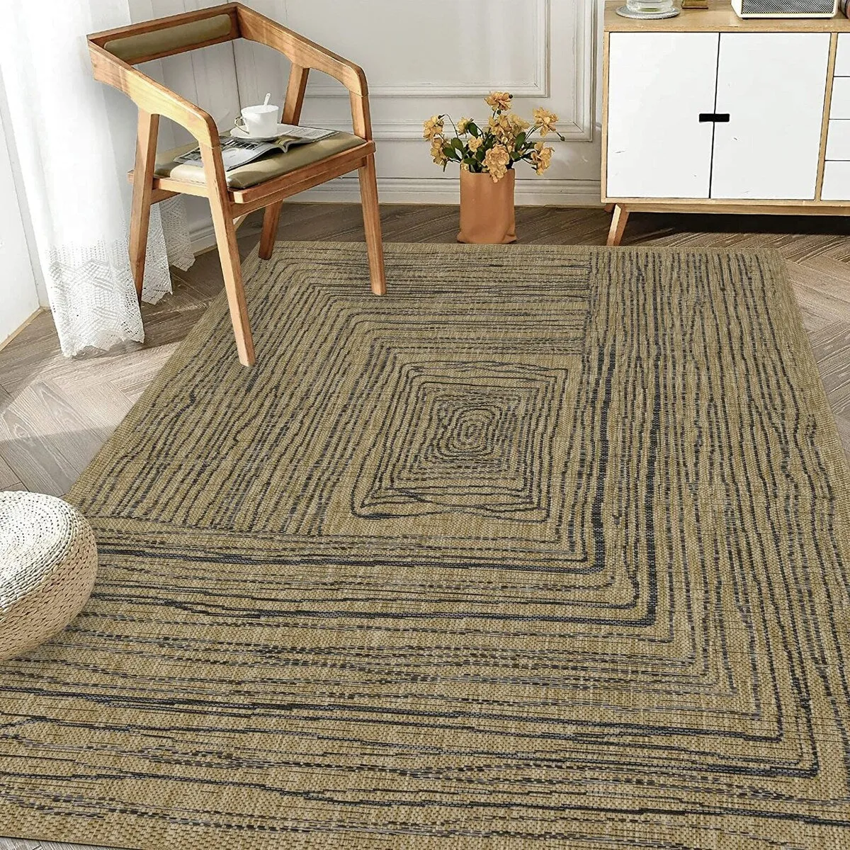 Indoor/Outdoor Area Rug/ Runner/ Doormat- Natural & Black & Blue Color -Machine Washable. Weather and UV Resistant. Waterproof