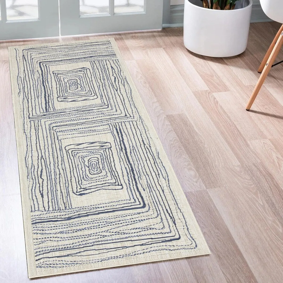 Indoor/Outdoor Area Rug/ Runner/ Doormat- Natural & Black & Blue Color -Machine Washable. Weather and UV Resistant. Waterproof