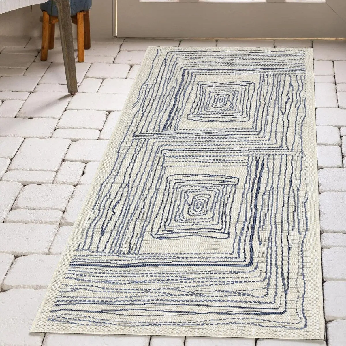 Indoor/Outdoor Area Rug/ Runner/ Doormat- Natural & Black & Blue Color -Machine Washable. Weather and UV Resistant. Waterproof