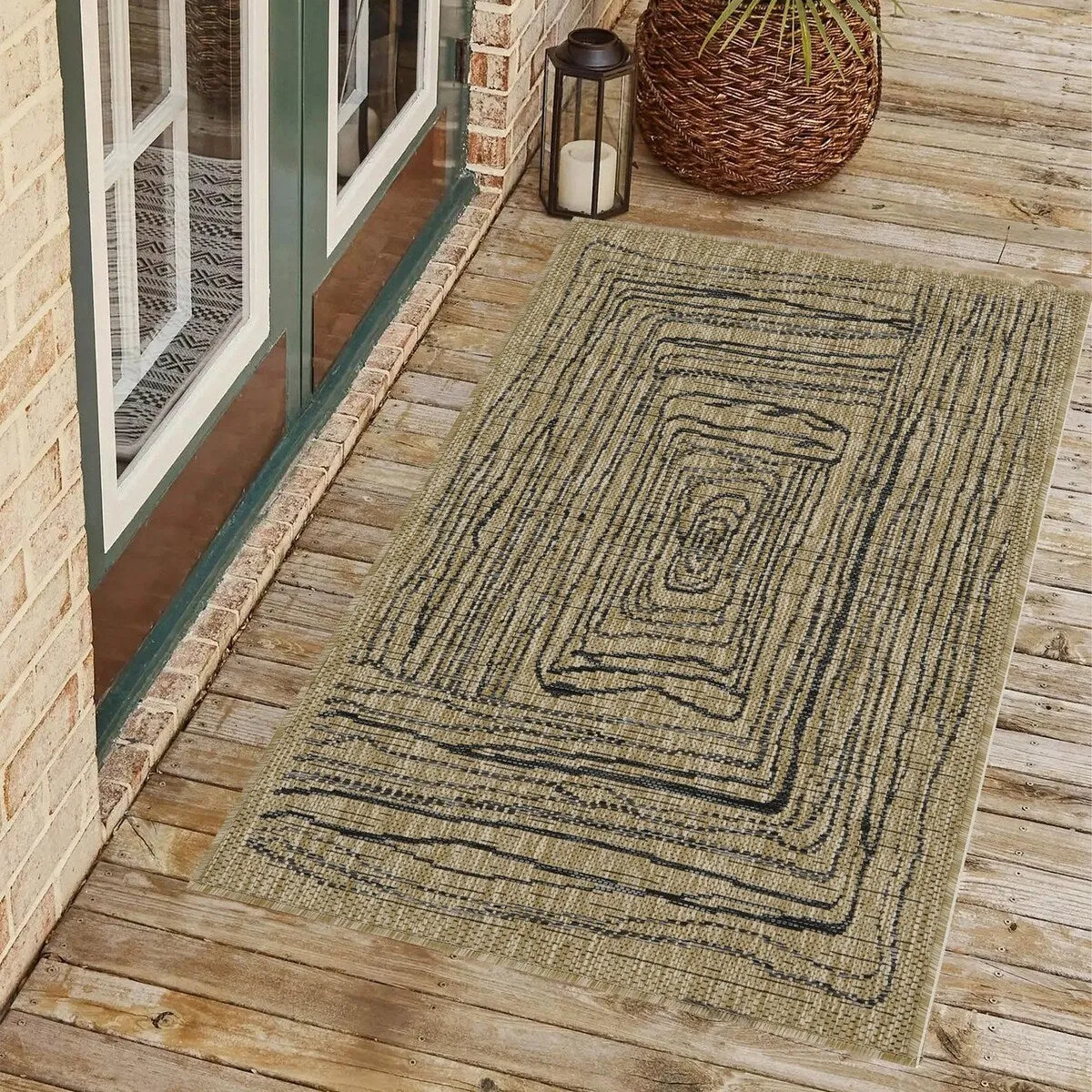 Indoor/Outdoor Area Rug/ Runner/ Doormat- Natural & Black & Blue Color -Machine Washable. Weather and UV Resistant. Waterproof