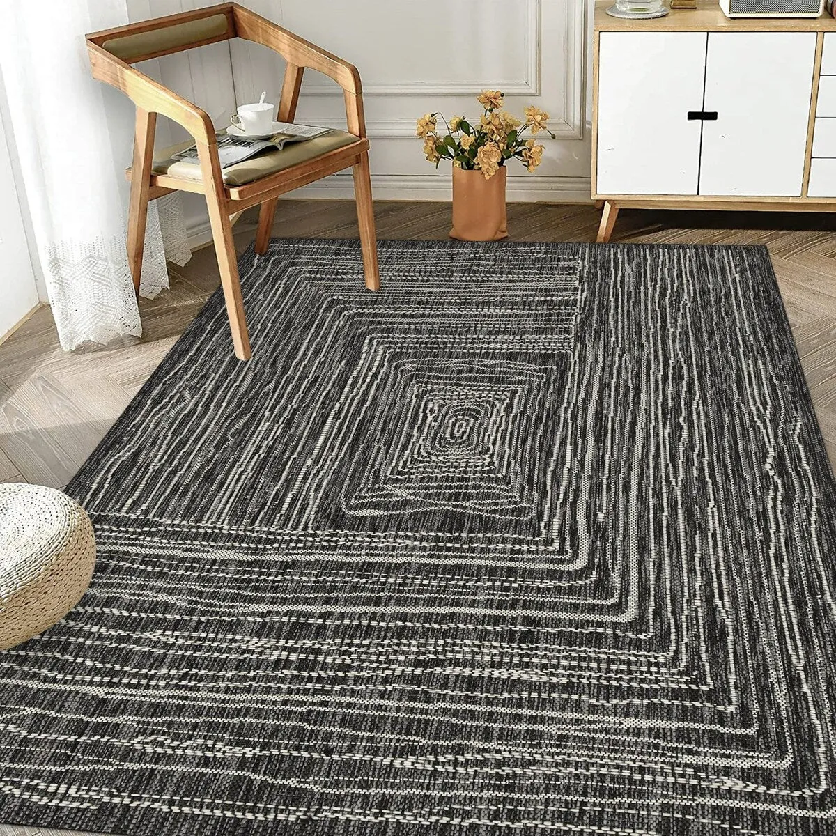 Indoor/Outdoor Area Rug/ Runner/ Doormat- Natural & Black & Blue Color -Machine Washable. Weather and UV Resistant. Waterproof
