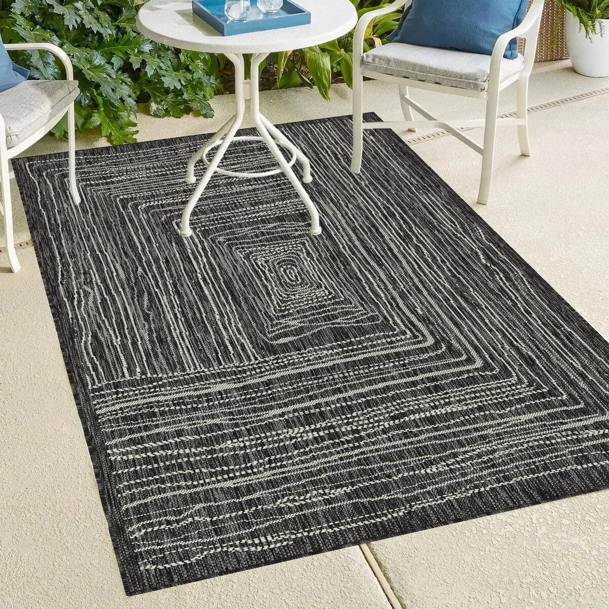 Indoor/Outdoor Area Rug/ Runner/ Doormat- Natural & Black & Blue Color -Machine Washable. Weather and UV Resistant. Waterproof
