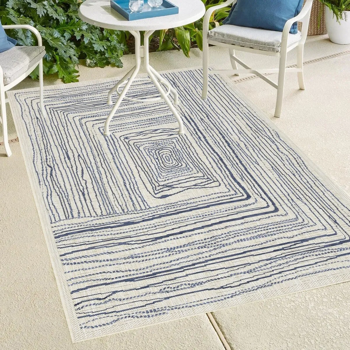 Indoor/Outdoor Area Rug/ Runner/ Doormat- Natural & Black & Blue Color -Machine Washable. Weather and UV Resistant. Waterproof