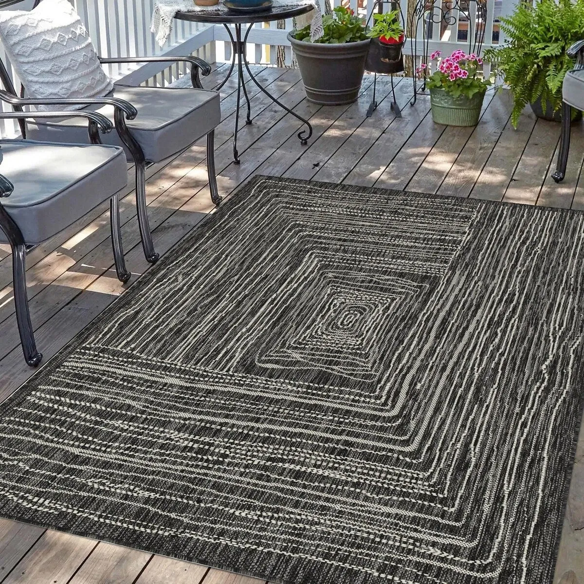Indoor/Outdoor Area Rug/ Runner/ Doormat- Natural & Black & Blue Color -Machine Washable. Weather and UV Resistant. Waterproof