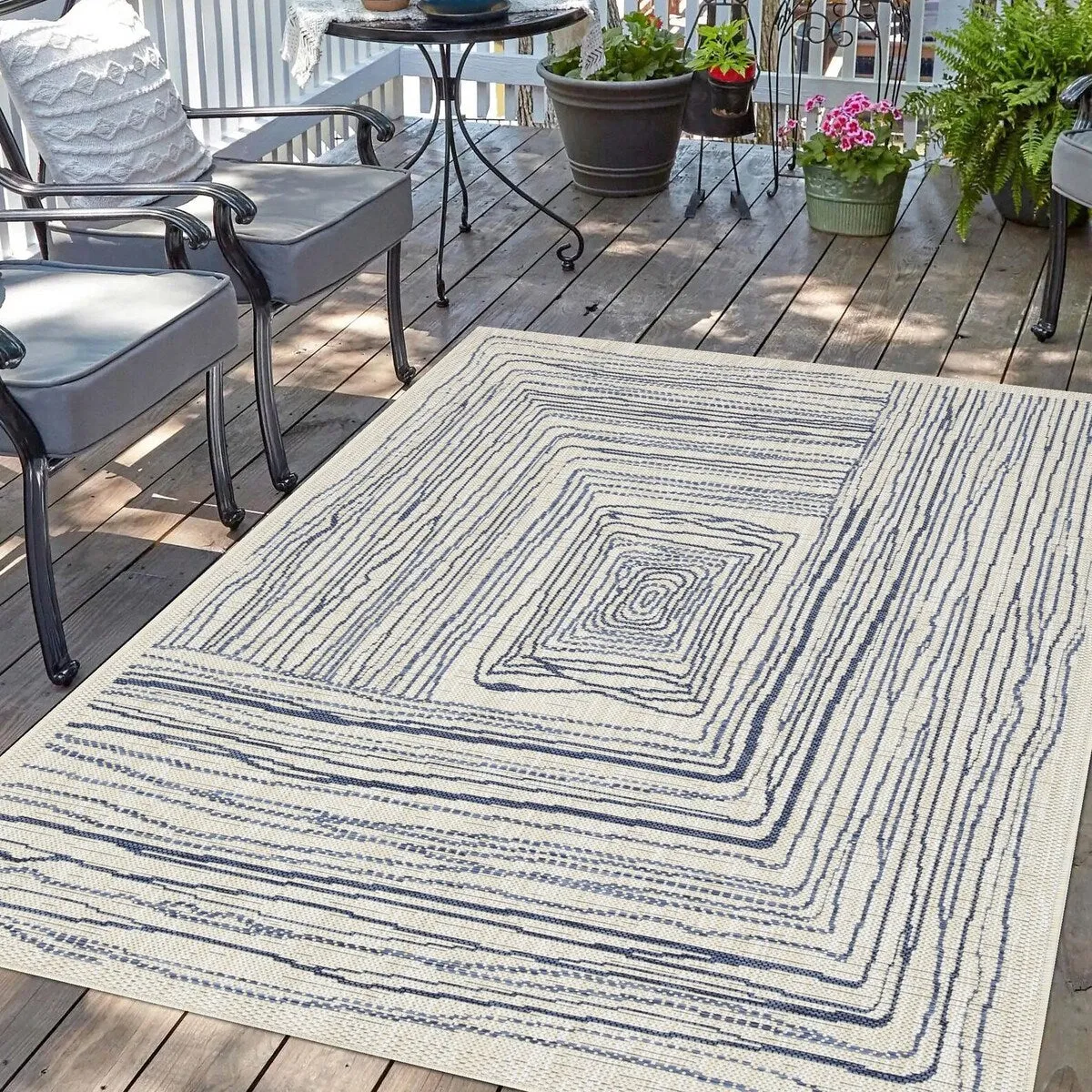 Indoor/Outdoor Area Rug/ Runner/ Doormat- Natural & Black & Blue Color -Machine Washable. Weather and UV Resistant. Waterproof