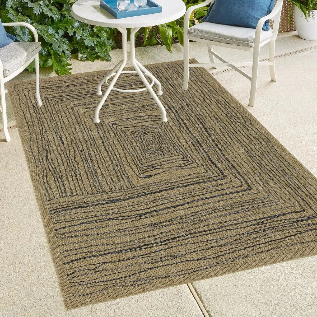 Indoor/Outdoor Area Rug/ Runner/ Doormat- Natural & Black & Blue Color -Machine Washable. Weather and UV Resistant. Waterproof