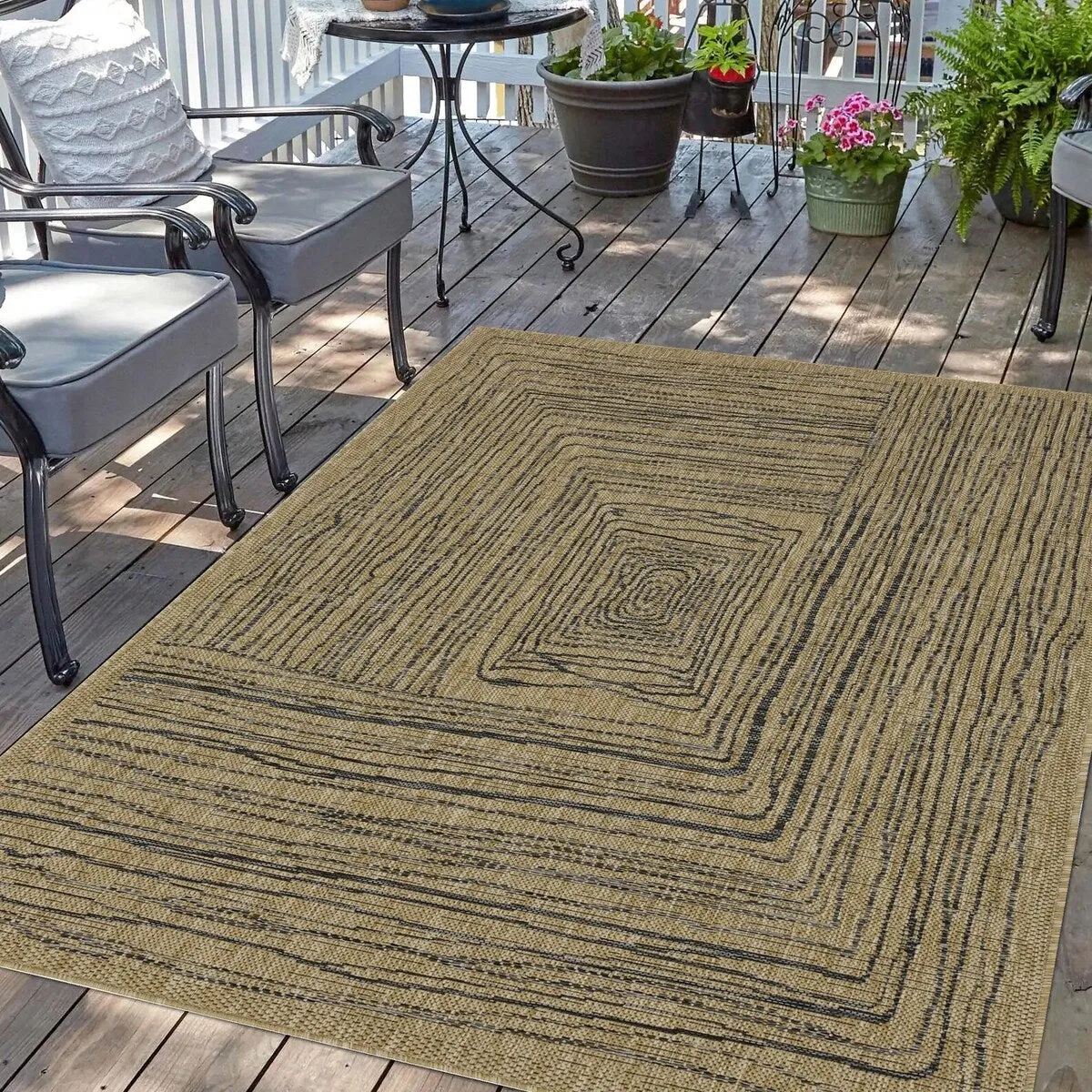 Indoor/Outdoor Area Rug/ Runner/ Doormat- Natural & Black & Blue Color -Machine Washable. Weather and UV Resistant. Waterproof