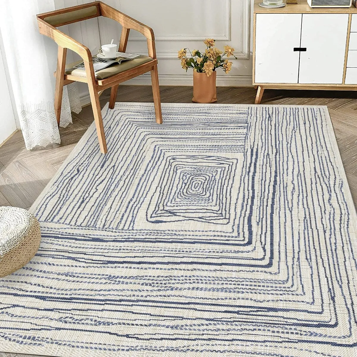 Indoor/Outdoor Area Rug/ Runner/ Doormat- Natural & Black & Blue Color -Machine Washable. Weather and UV Resistant. Waterproof
