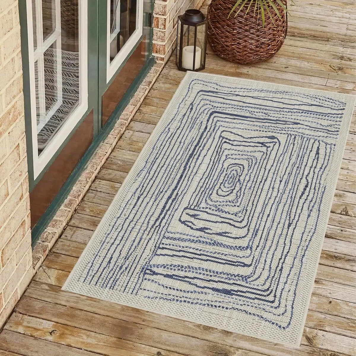 Indoor/Outdoor Area Rug/ Runner/ Doormat- Natural & Black & Blue Color -Machine Washable. Weather and UV Resistant. Waterproof