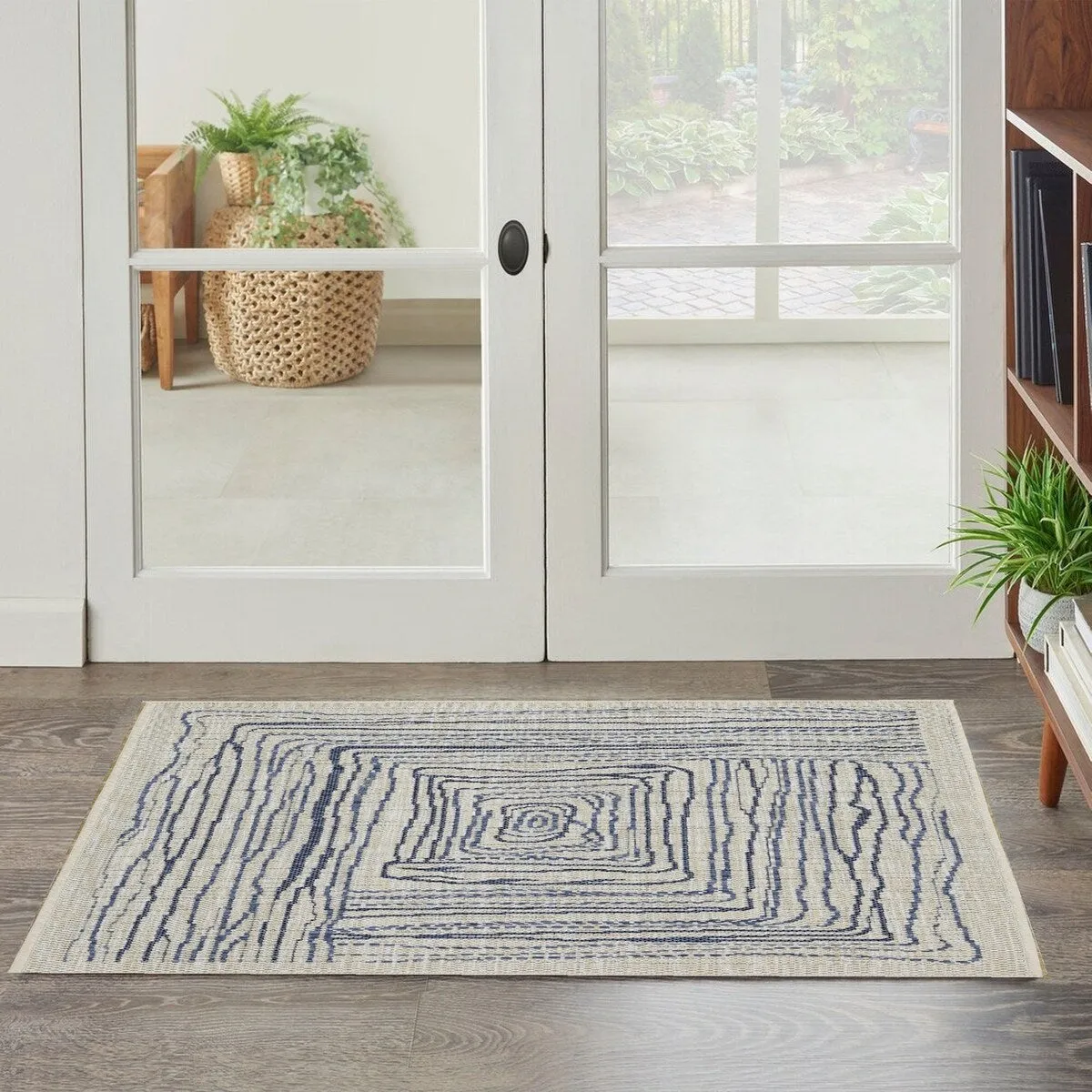 Indoor/Outdoor Area Rug/ Runner/ Doormat- Natural & Black & Blue Color -Machine Washable. Weather and UV Resistant. Waterproof
