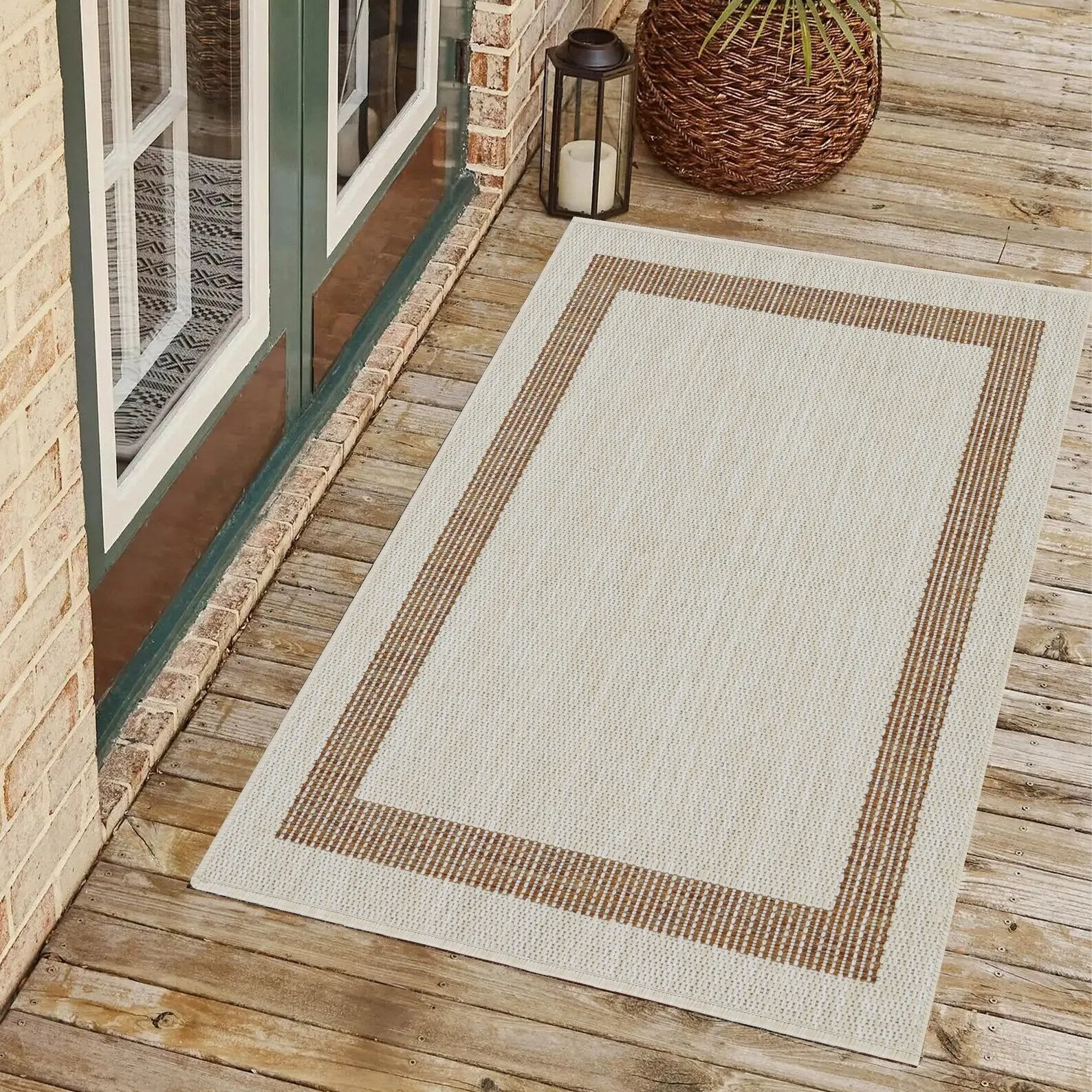 Indoor/Outdoor Area Rug/ Runner/ Doormat- Natural & Black & Red & Taupe Color -Machine Washable. Weather and UV Resistant-Azelia