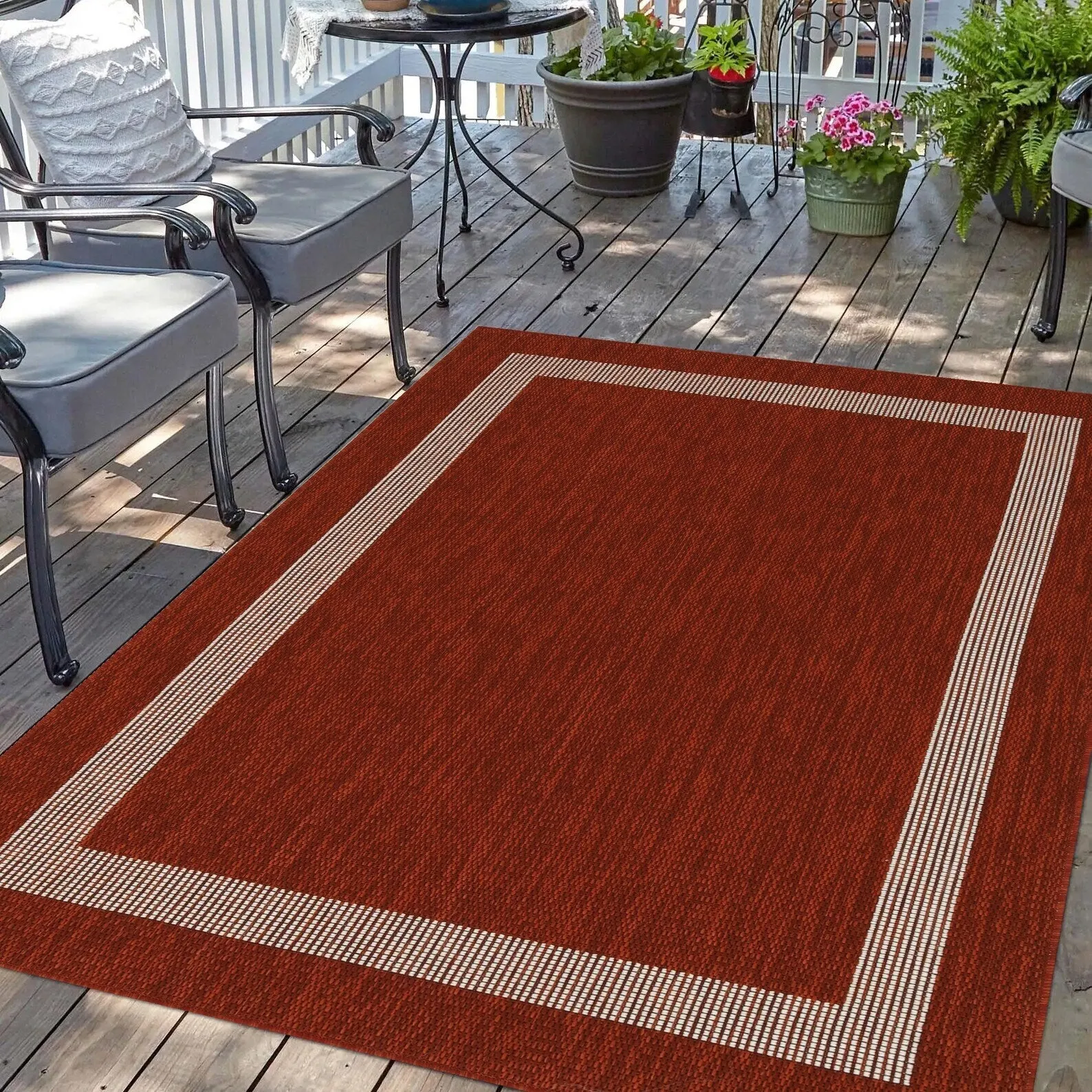 Indoor/Outdoor Area Rug/ Runner/ Doormat- Natural & Black & Red & Taupe Color -Machine Washable. Weather and UV Resistant-Azelia