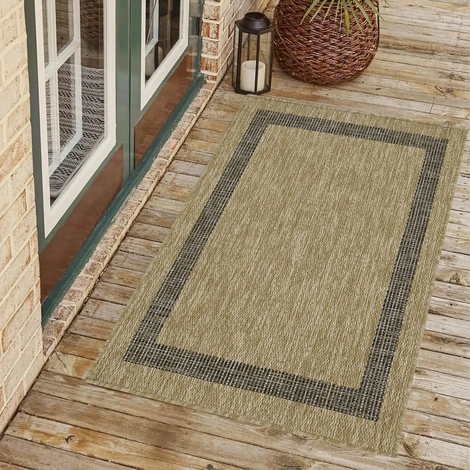 Indoor/Outdoor Area Rug/ Runner/ Doormat- Natural & Black & Red & Taupe Color -Machine Washable. Weather and UV Resistant-Azelia