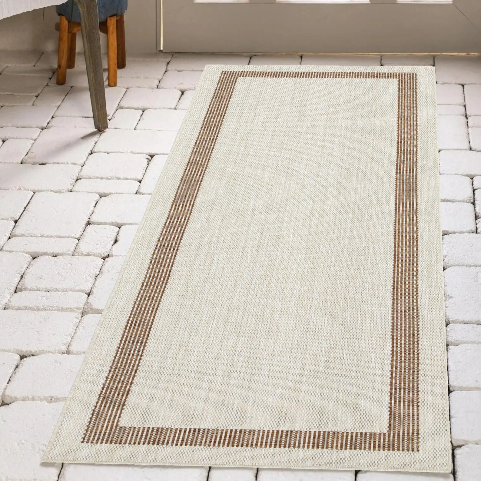 Indoor/Outdoor Area Rug/ Runner/ Doormat- Natural & Black & Red & Taupe Color -Machine Washable. Weather and UV Resistant-Azelia