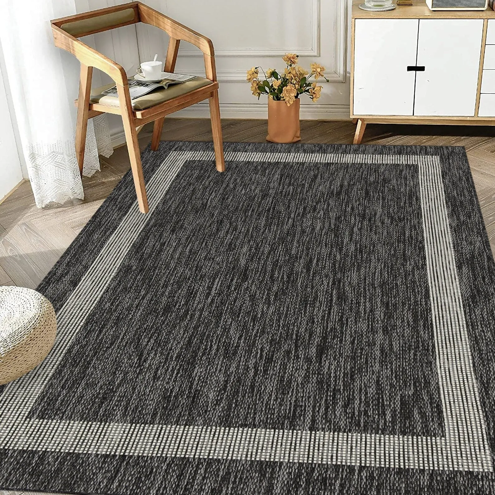 Indoor/Outdoor Area Rug/ Runner/ Doormat- Natural & Black & Red & Taupe Color -Machine Washable. Weather and UV Resistant-Azelia