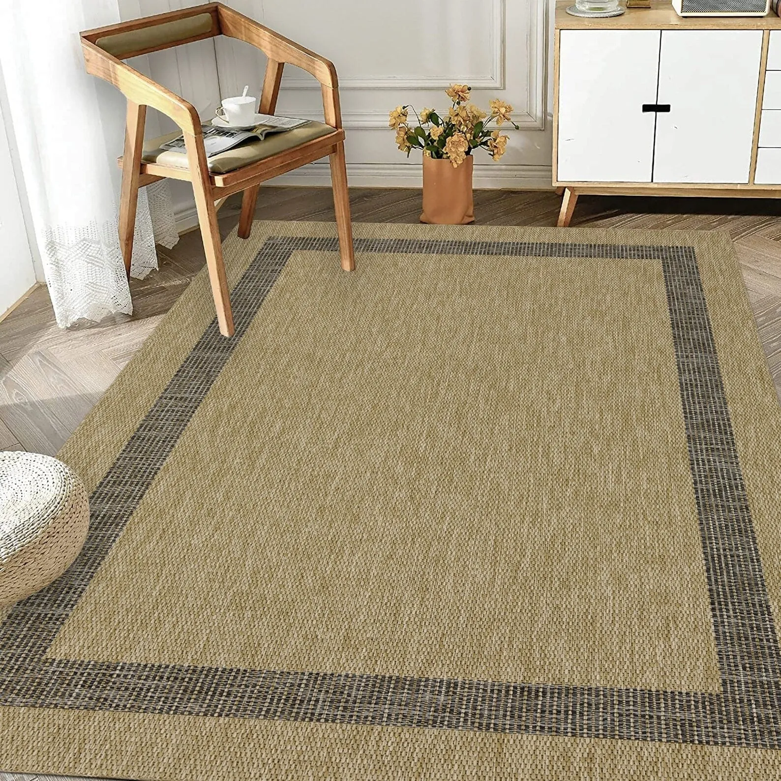 Indoor/Outdoor Area Rug/ Runner/ Doormat- Natural & Black & Red & Taupe Color -Machine Washable. Weather and UV Resistant-Azelia