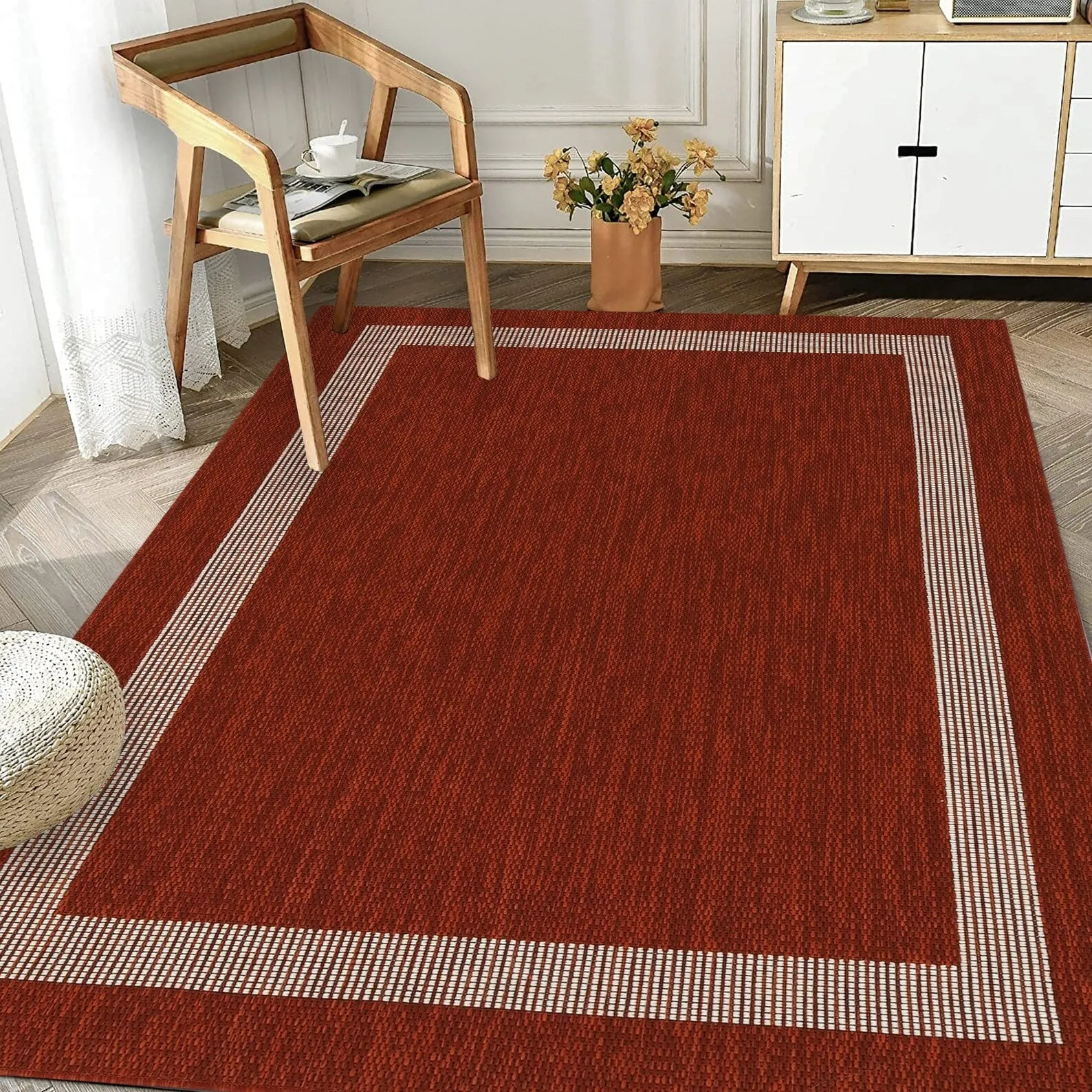 Indoor/Outdoor Area Rug/ Runner/ Doormat- Natural & Black & Red & Taupe Color -Machine Washable. Weather and UV Resistant-Azelia