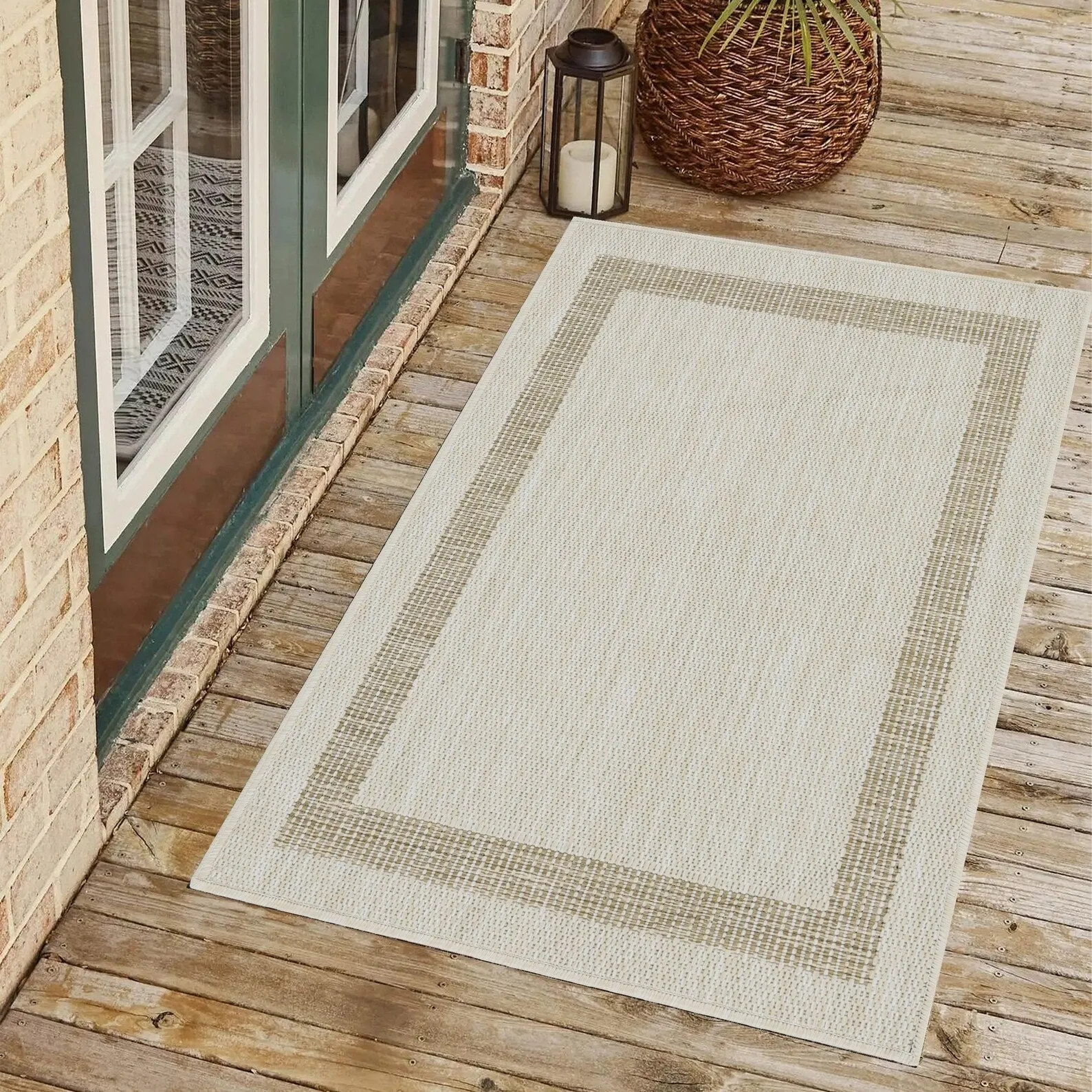Indoor/Outdoor Area Rug/ Runner/ Doormat- Natural & Black & Red & Taupe Color -Machine Washable. Weather and UV Resistant-Azelia