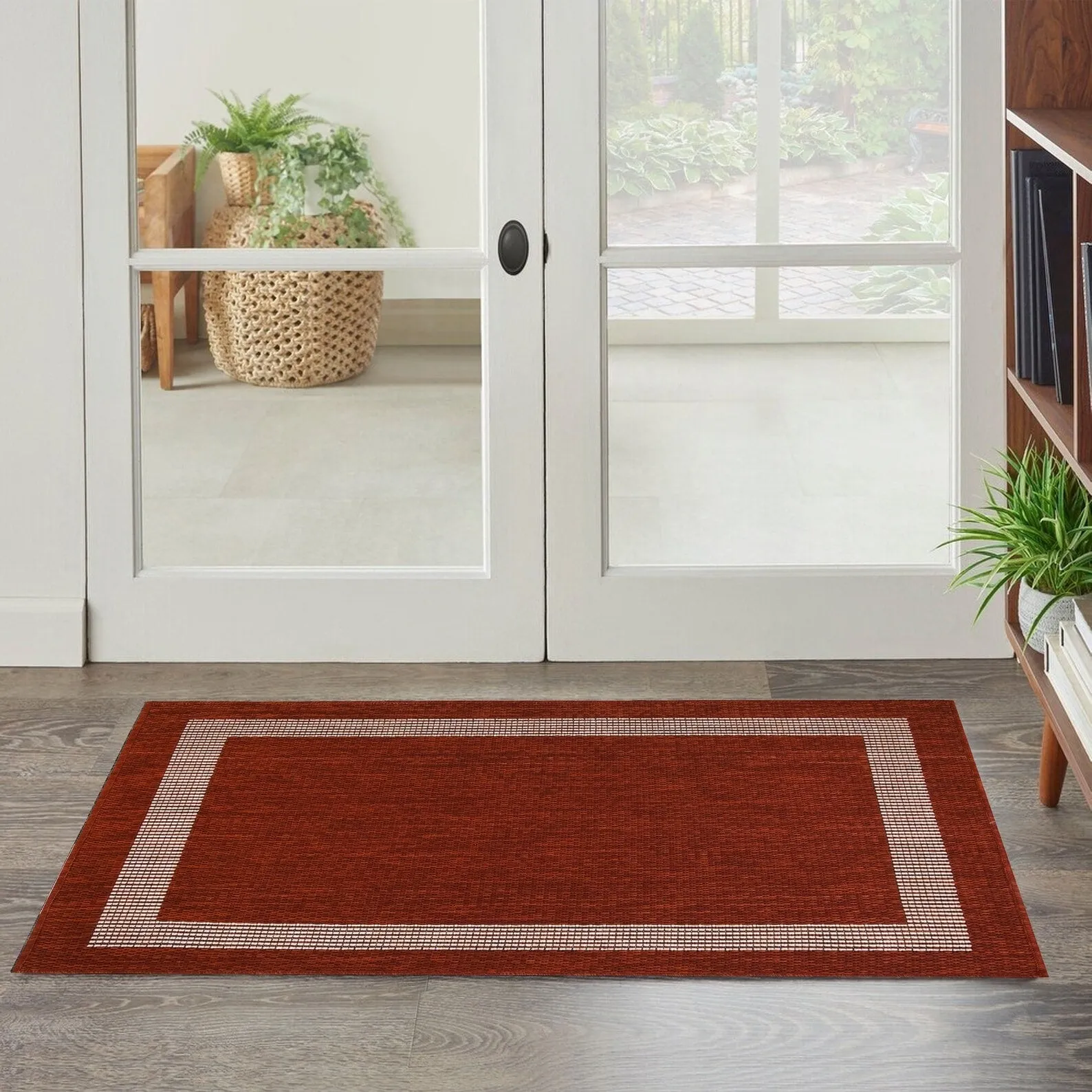 Indoor/Outdoor Area Rug/ Runner/ Doormat- Natural & Black & Red & Taupe Color -Machine Washable. Weather and UV Resistant-Azelia