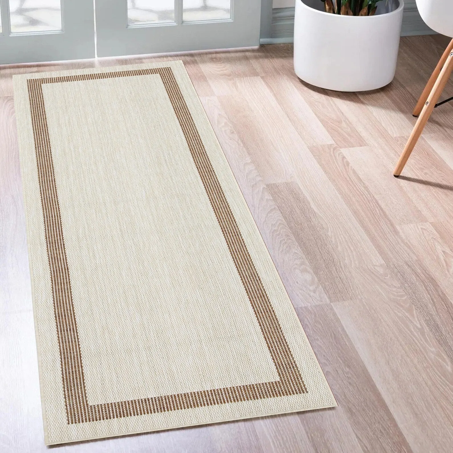 Indoor/Outdoor Area Rug/ Runner/ Doormat- Natural & Black & Red & Taupe Color -Machine Washable. Weather and UV Resistant-Azelia