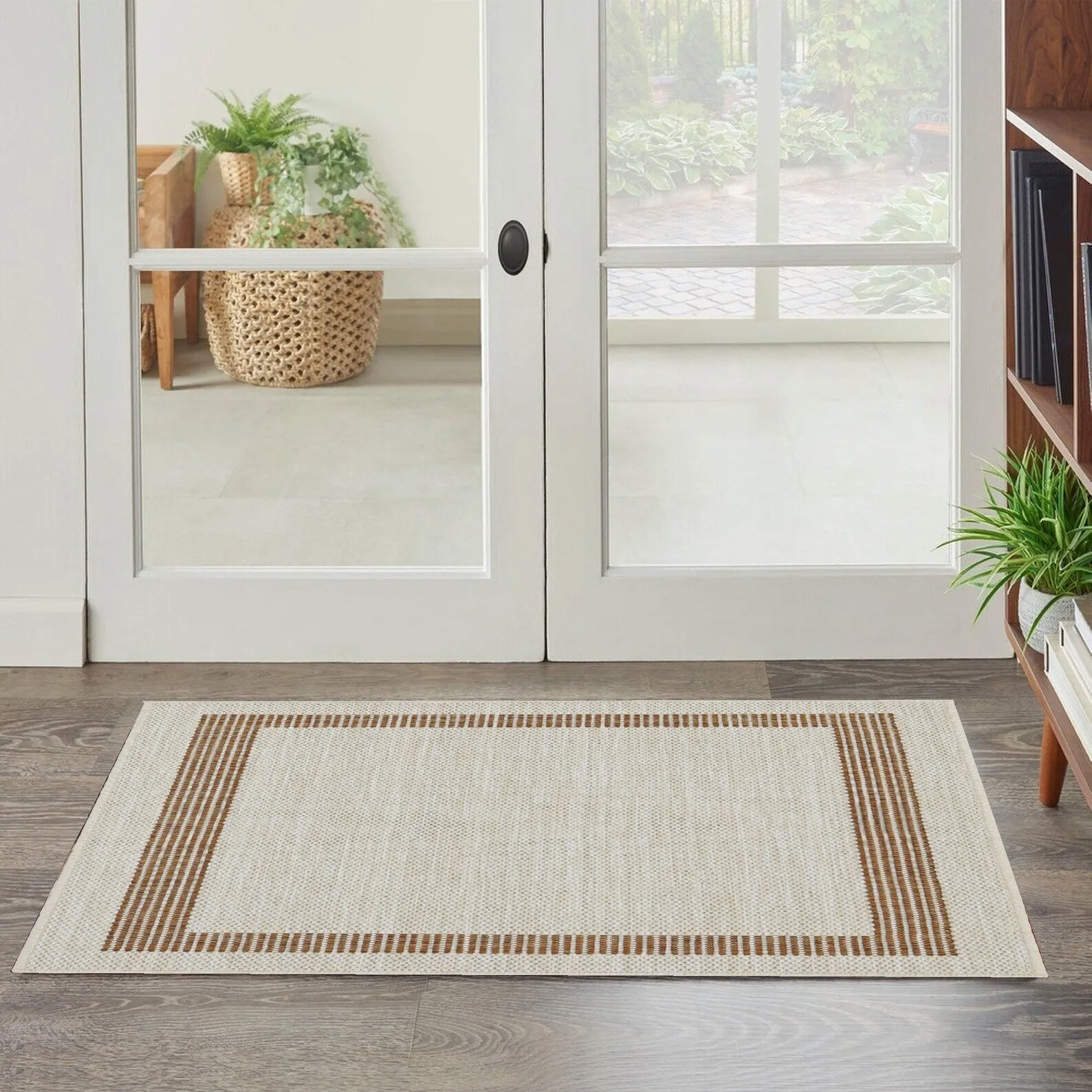 Indoor/Outdoor Area Rug/ Runner/ Doormat- Natural & Black & Red & Taupe Color -Machine Washable. Weather and UV Resistant-Azelia