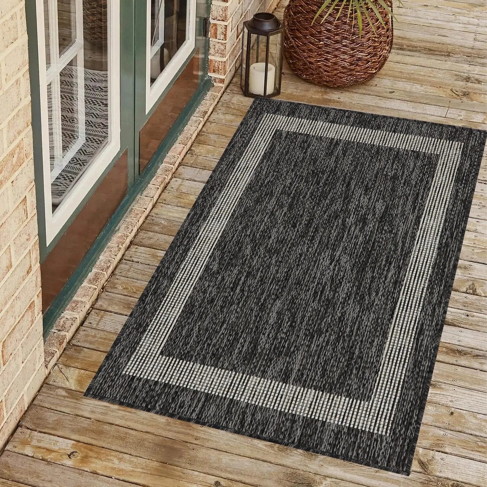 Indoor/Outdoor Area Rug/ Runner/ Doormat- Natural & Black & Red & Taupe Color -Machine Washable. Weather and UV Resistant-Azelia