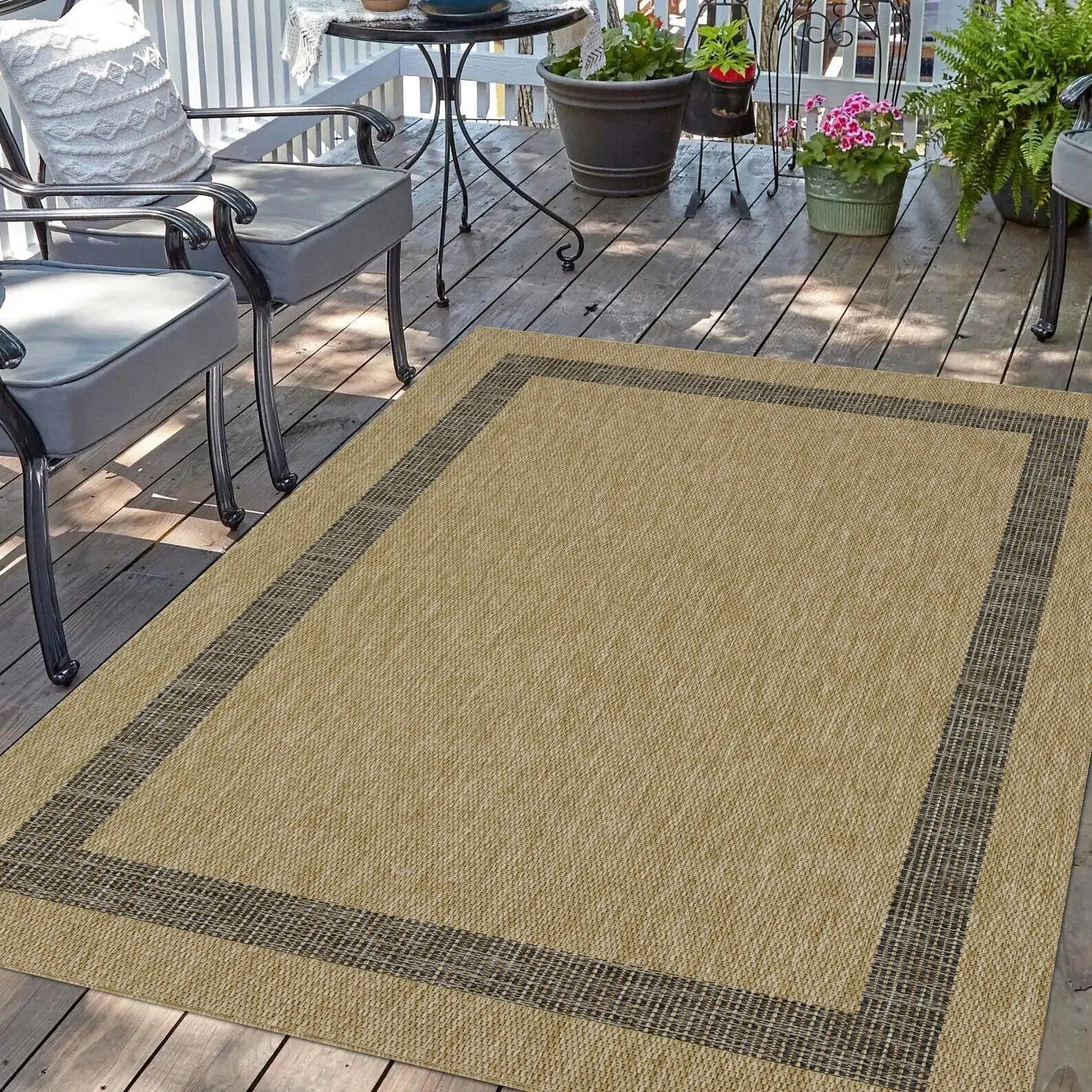 Indoor/Outdoor Area Rug/ Runner/ Doormat- Natural & Black & Red & Taupe Color -Machine Washable. Weather and UV Resistant-Azelia