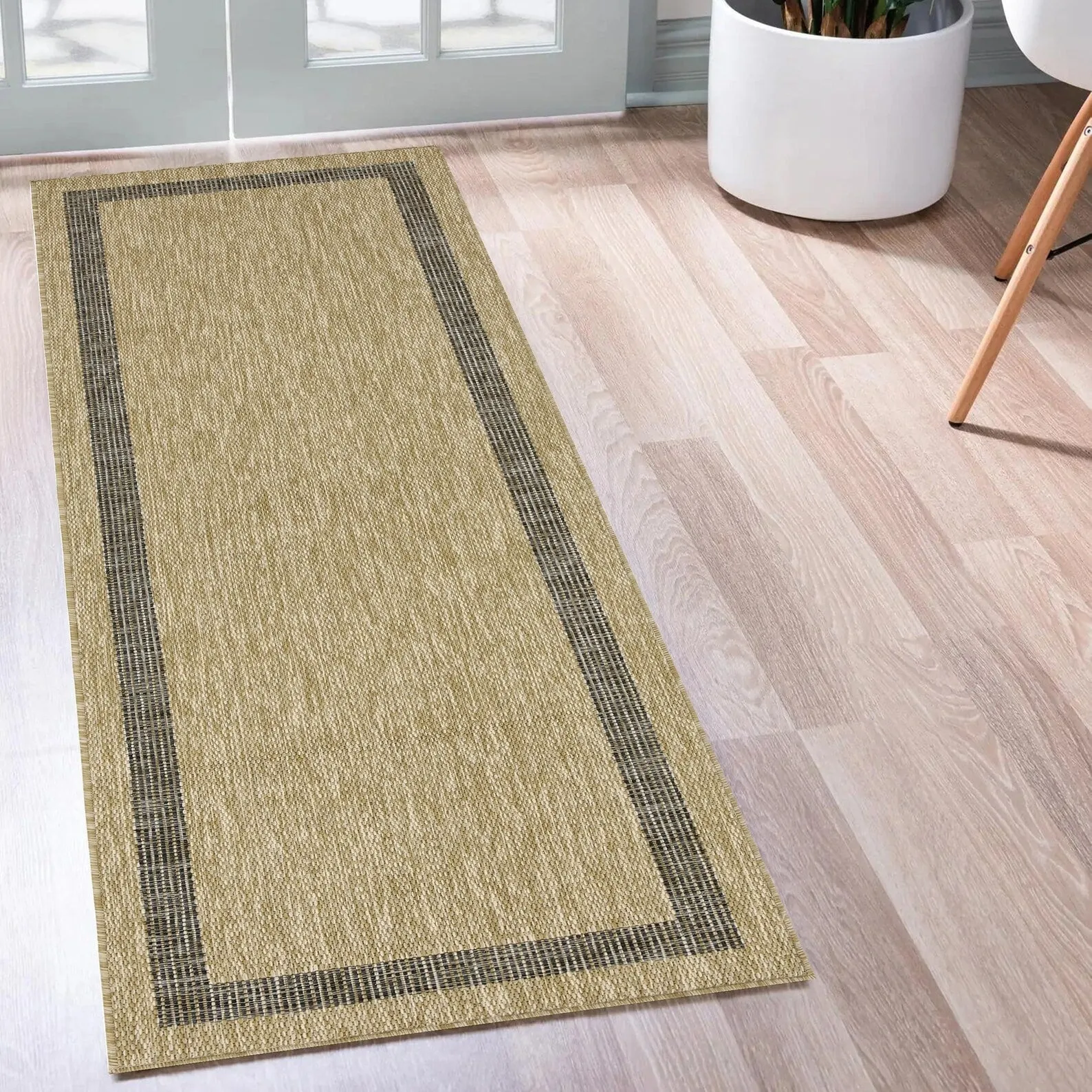 Indoor/Outdoor Area Rug/ Runner/ Doormat- Natural & Black & Red & Taupe Color -Machine Washable. Weather and UV Resistant-Azelia
