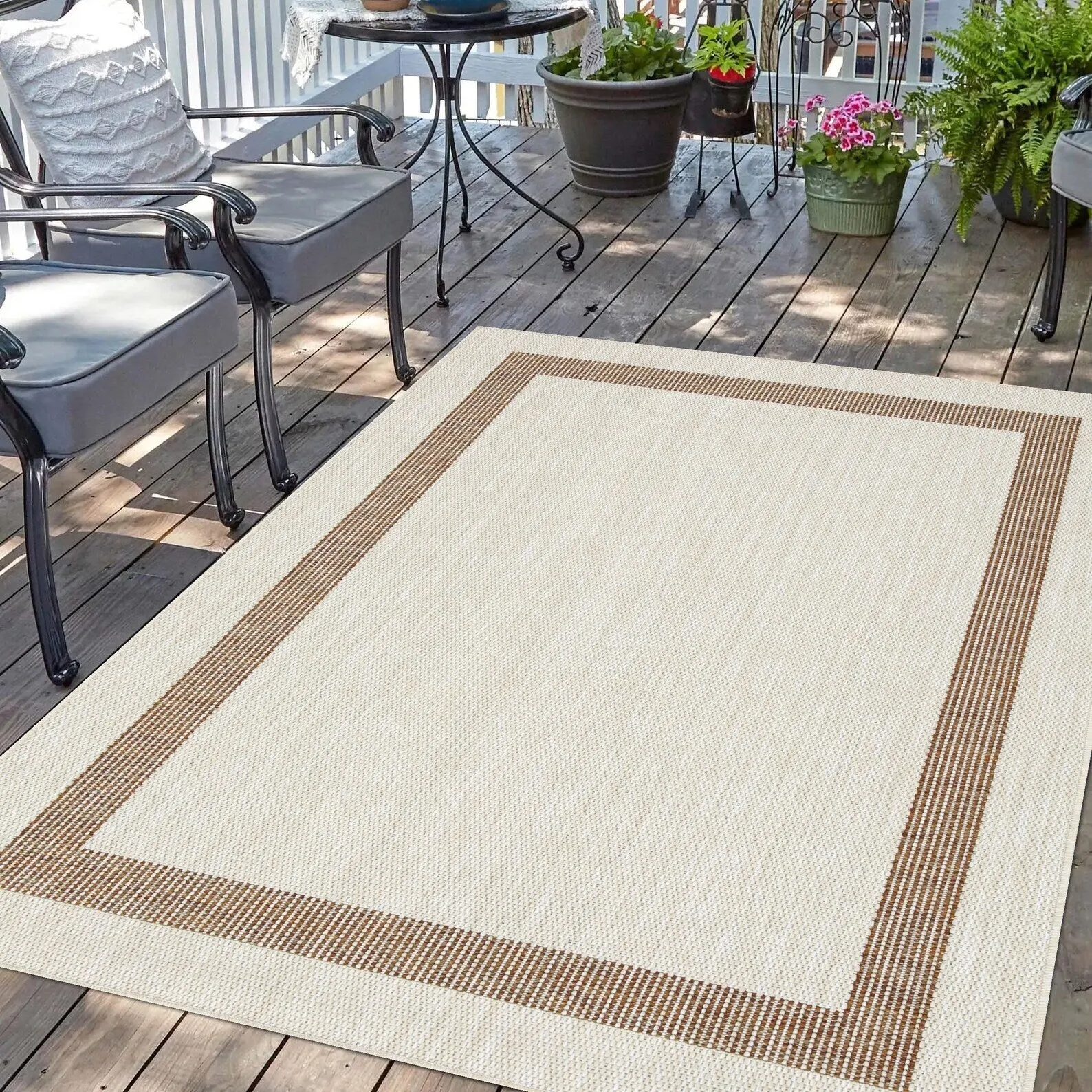Indoor/Outdoor Area Rug/ Runner/ Doormat- Natural & Black & Red & Taupe Color -Machine Washable. Weather and UV Resistant-Azelia
