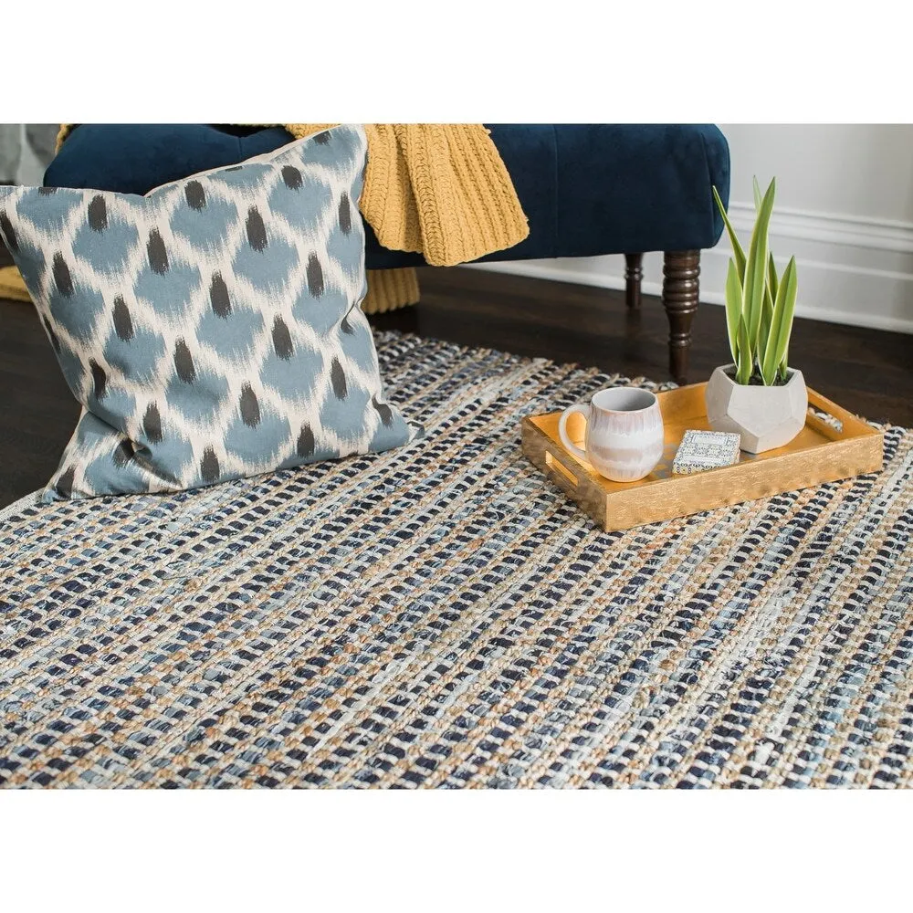 Jani Billy Tan/Blue Jute. Denim and Cotton Rug - Durango Design. 8' x 10' Feet Area Rug