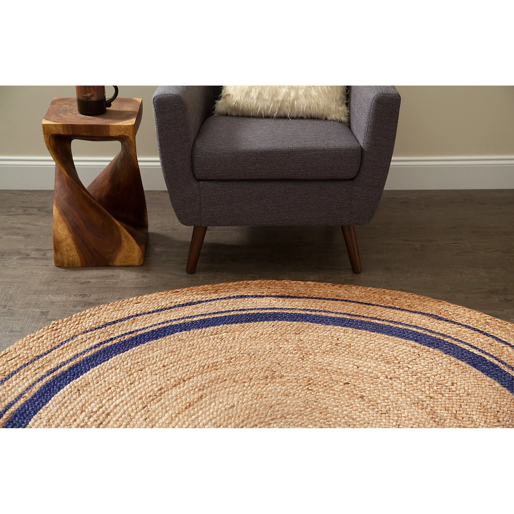 Jani Tara Blue Rings Jute Rug - Kerala Midnite Design. 8' Feet. Natural/Gray Area Rug