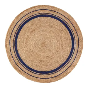 Jani Tara Blue Rings Jute Rug - Kerala Midnite Design. 8' Feet. Natural/Gray Area Rug