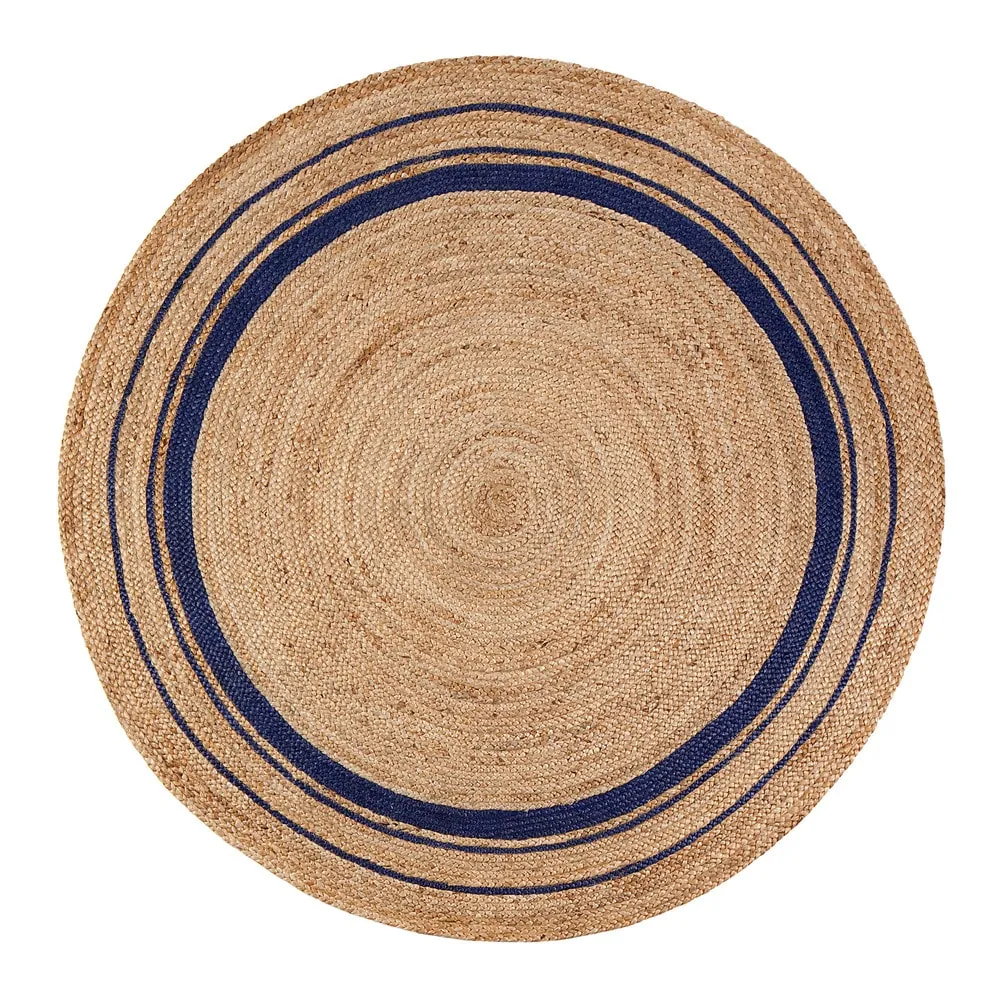 Jani Tara Blue Rings Jute Rug - Kerala Midnite Design. 8' Feet. Natural/Gray Area Rug