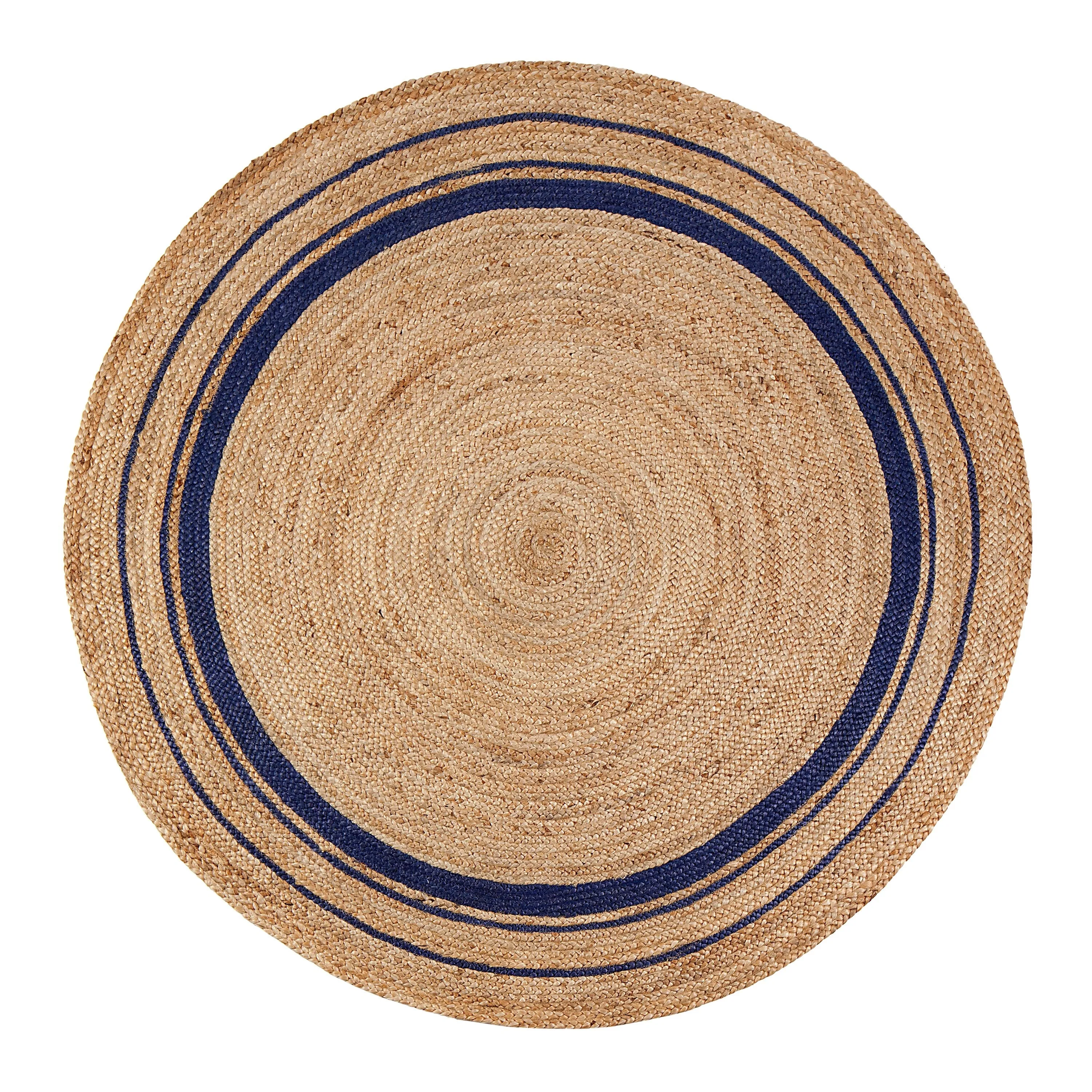 Jani Tara Blue Rings Jute Rug - Kerala Midnite Design. 8' Feet. Natural/Gray Area Rug