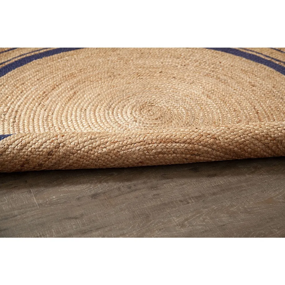 Jani Tara Blue Rings Jute Rug - Kerala Midnite Design. 8' Feet. Natural/Gray Area Rug
