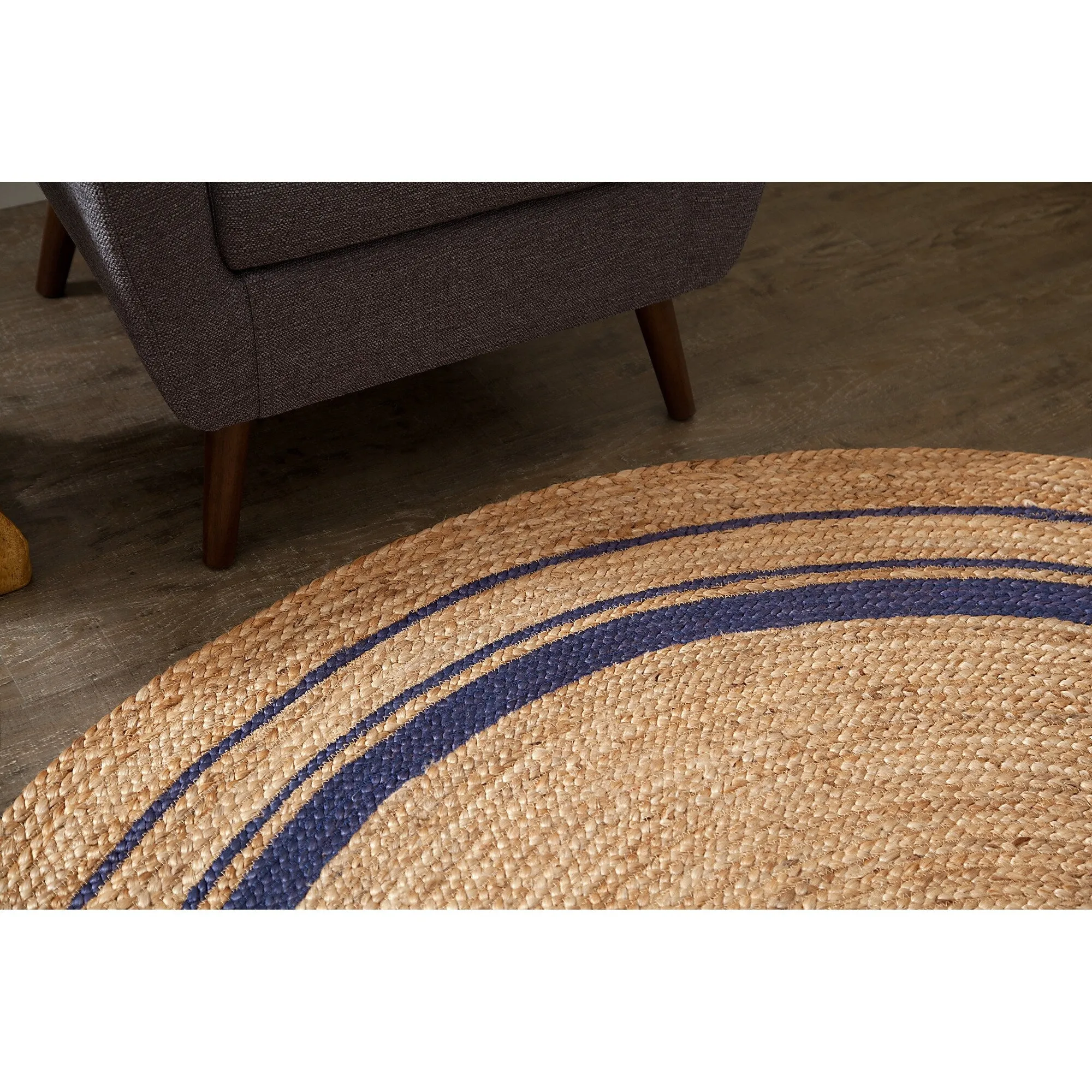 Jani Tara Blue Rings Jute Rug - Kerala Midnite Design. 8' Feet. Natural/Gray Area Rug