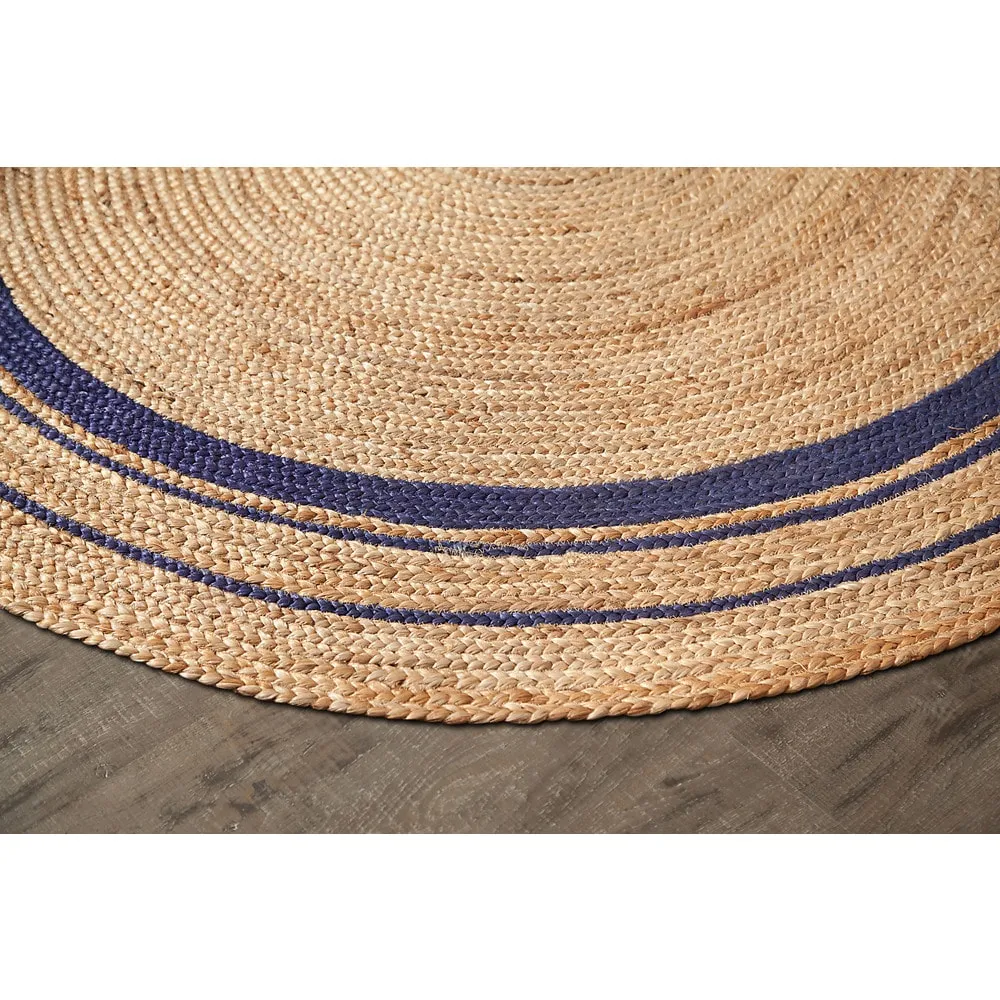 Jani Tara Blue Rings Jute Rug - Kerala Midnite Design. 8' Feet. Natural/Gray Area Rug