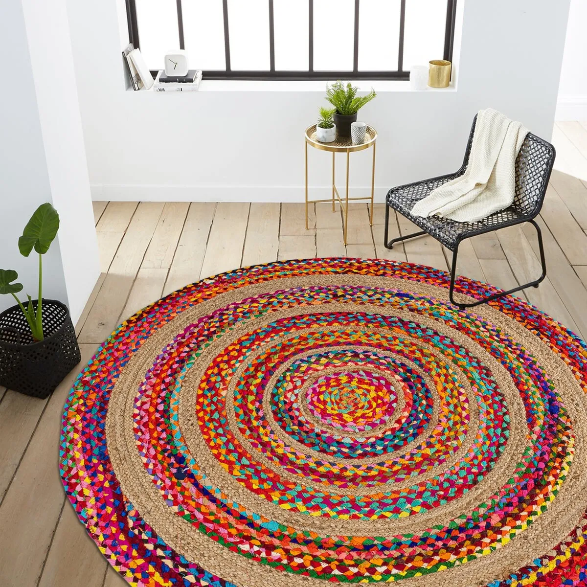 JONATHAN Y Asilah Round Boho Braided Rag & Jute Area Rug