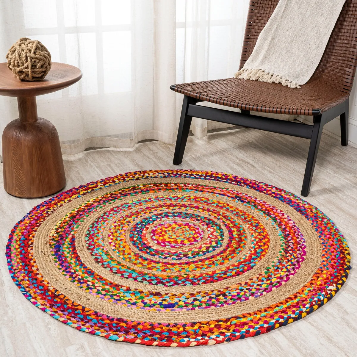 JONATHAN Y Asilah Round Boho Braided Rag & Jute Area Rug