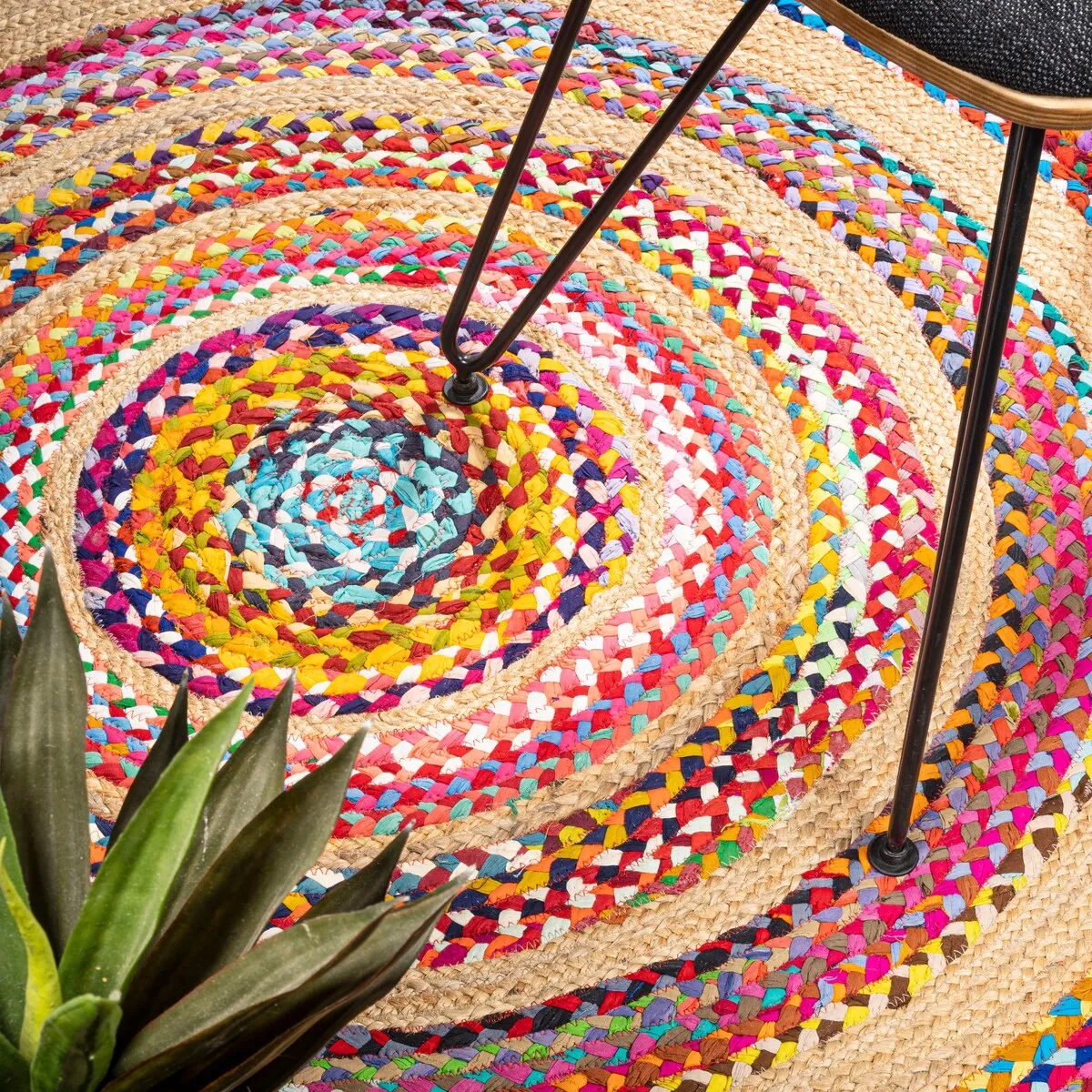 JONATHAN Y Asilah Round Boho Braided Rag & Jute Area Rug
