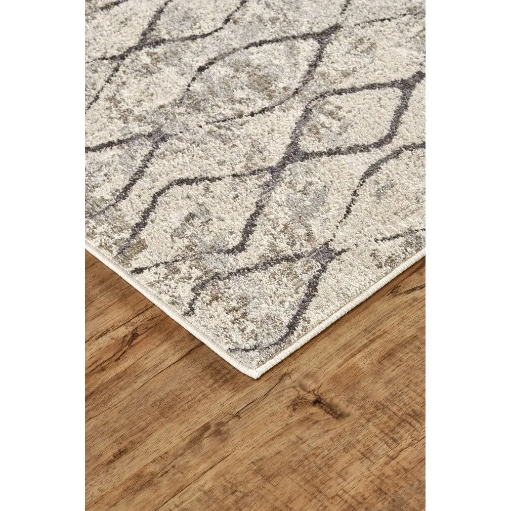 Kiba Contemporary Distressed Rug. Ivory/Charcoal. Round
