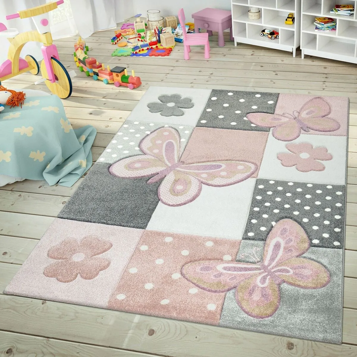 Kids Room Rug with Butterflies and pink Flowers in Pastel Colors